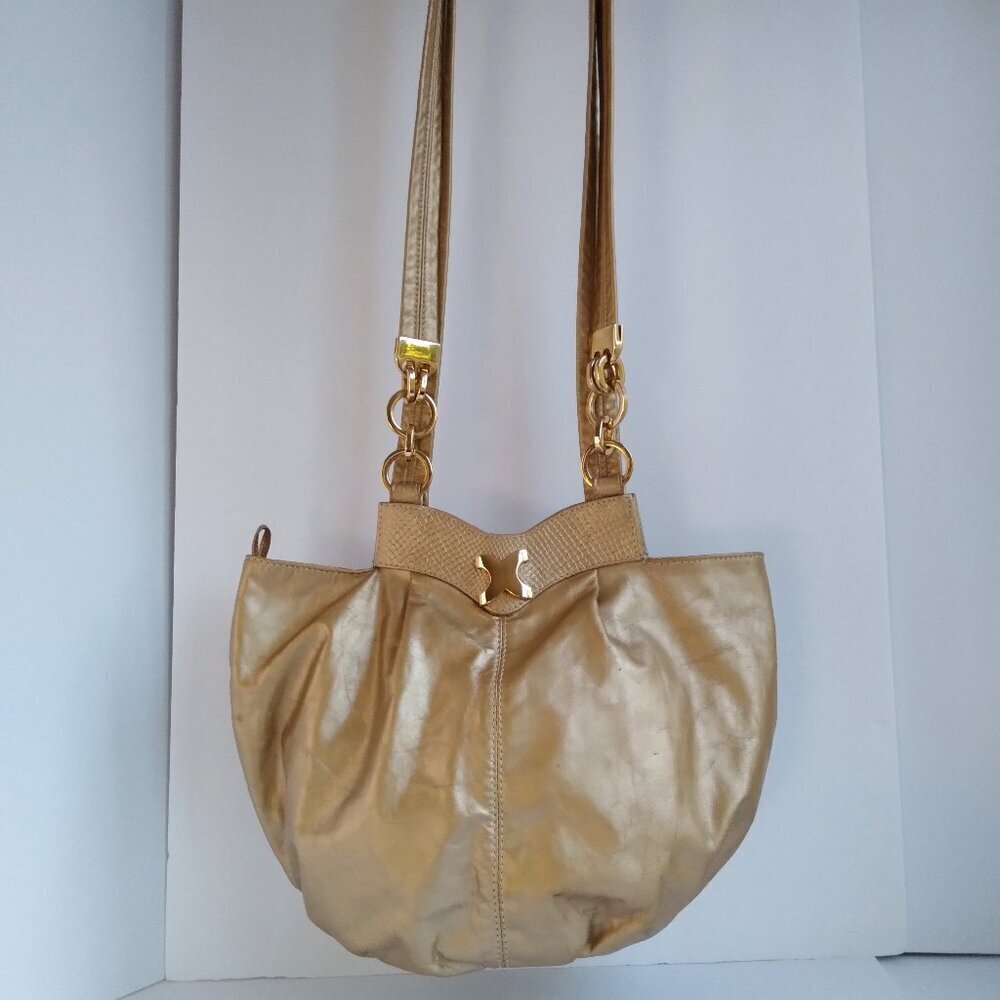Dawli Usa Vintage 80's Metallic Gold Leather Bottle Top Round Hobo Shoulder Bag